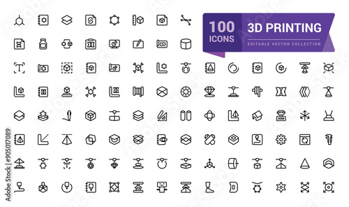 3D printing outline icon set. Print technology editable stroke line symbols. Computer aided design (CAD), digital model, rapid prototyping icon collection.