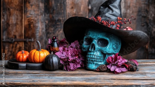 Colorful skull with witch hat among pumpkins and flowers evokes Halloween spirit on a rustic wooden table. photo