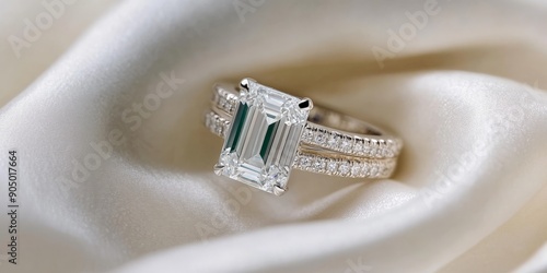 Sparkling Emerald Cut Engagement Ring on Satin suitable for business background, posters, wallpapers, banners, greeting cards, and advertising for business entities or brands photo