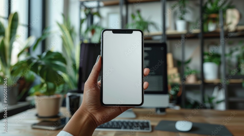 A close-up of a person's hand holding a modern smartphone with a blank screen, set against the backdrop of a stylish office filled with green plants and natural light. A close-up of a person's hand holding a modern smartphone with a blank screen, set against the backdrop of a stylish office filled with green plants and natural light.