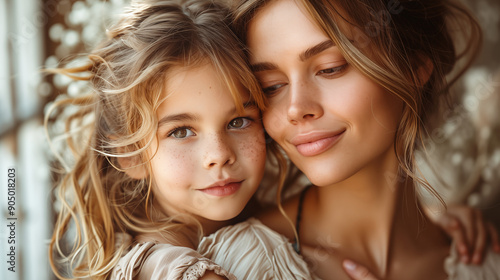 Mother and daughter with angelic blonde hair share intimate moment in soft light. Beautiful women embrace, showcasing loving family bond and gentle affection. Concept of motherhood, relationships