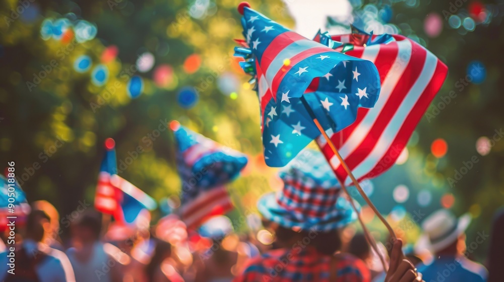 A group of people holding American flags and wearing patriotic hats, ready for celebration or protest A group of people holding American flags and wearing patriotic hats, ready for celebration or protest