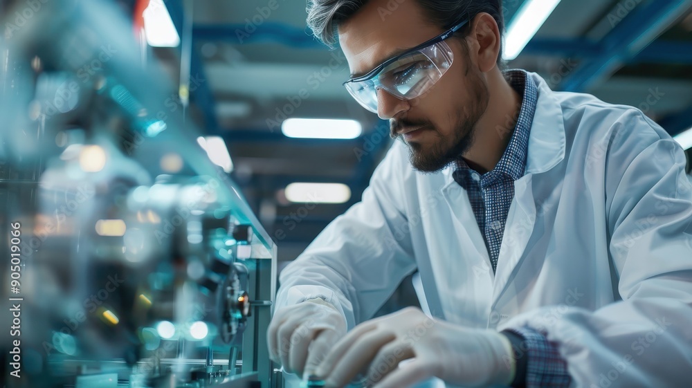 A Chinese engineer inspects an EV car battery cell module in a brightly lit factory. A Chinese engineer inspects an EV car battery cell module in a brightly lit factory.