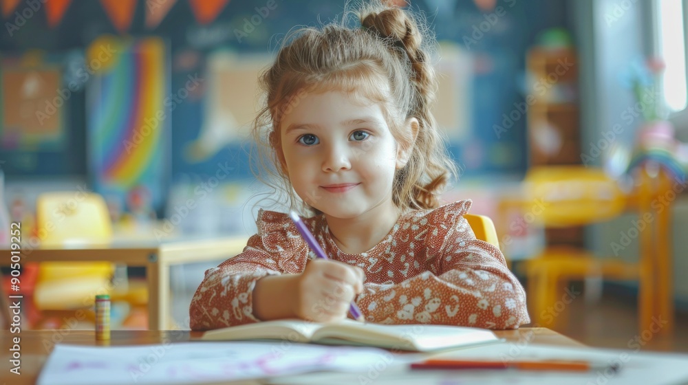 A young girl is sitting at a desk with a pencil and a book A young girl is sitting at a desk with a pencil and a book