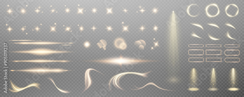 Set of realistic vector gold stars png. Set of vector suns png. Golden flares with highlights.	