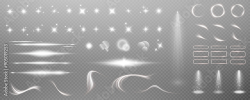 Set of realistic vector  white stars png. Set of vector suns png. White flares with highlights. Horizontal light lines, laser, flash. White special effect, magic of moving fast motion laser beams.