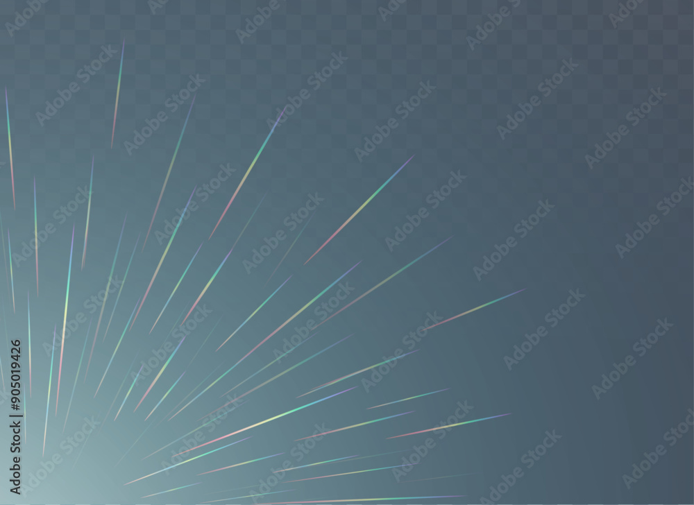 Obraz premium Background with the effect of rainbow rays halo, reflection of realistic glare of holographic rays, light refraction png.