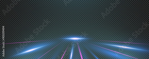 Set of realistic vector blue stars png. Set of vector suns png. Blue flares with highlights. Horizontal light lines, laser, flash.	
