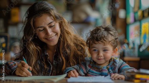 A cheerful mother guides her young child as they draw together at a table, reflecting a warm and nurturing moment filled with joy and creativity.