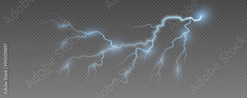 Realistic lightning flash effect, thunderstorm and lightning. Shining white lightning isolated on transparent background, natural phenomenon png.