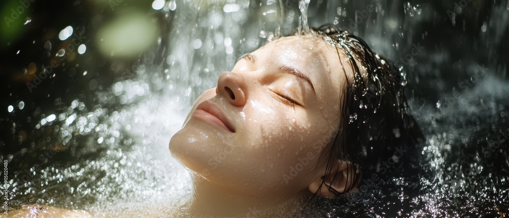 Obraz premium Peaceful Woman Relaxing Under Waterfall with Eyes Closed in Serene Natural Setting