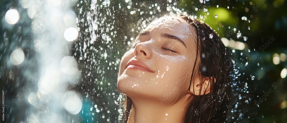 Fototapeta premium Woman Enjoying Refreshing Outdoor Shower in Sunlight with Water Droplets Sparkling Around Her Face