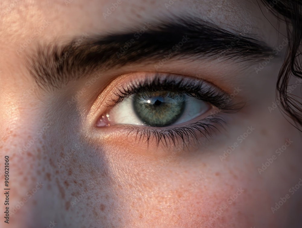 Close-Up of a Green Eye with Freckles and Eyebrow in Natural Light Close-Up of a Green Eye with Freckles and Eyebrow in Natural Light