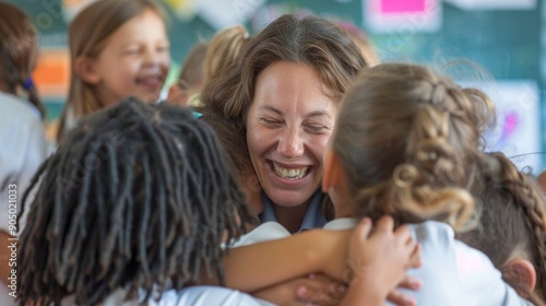 A woman is hugging a group of children