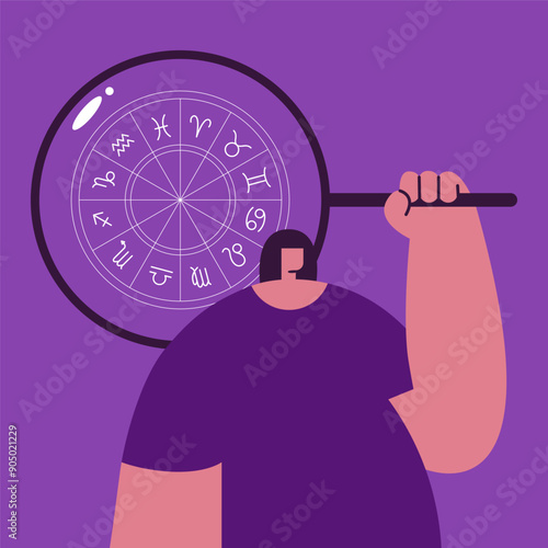 Astrology concept, Young Girl character reading a natal chart, future prediction. Flat vector illustration.