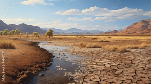 Dried lake and river on summer. Water crisis and climate change. Neural network ai generated art photo