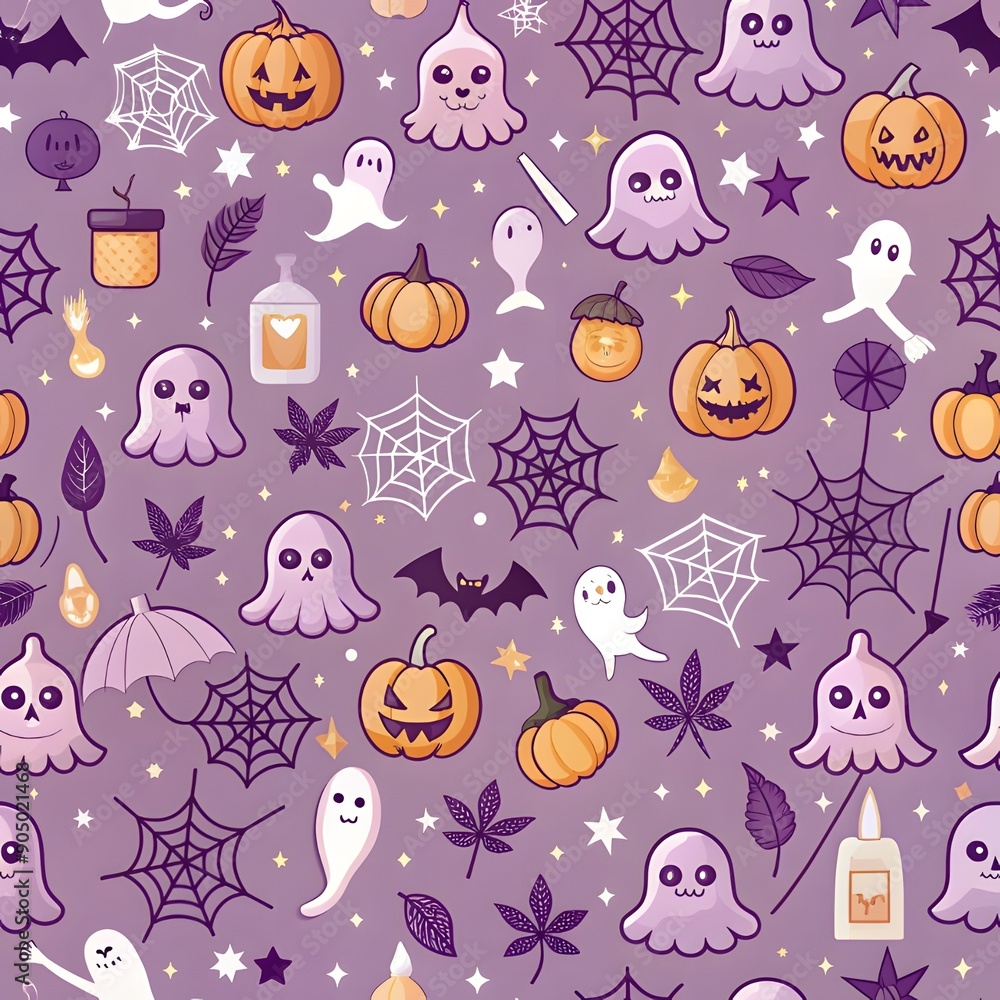 Fototapeta premium Seamless pattern with Halloween elements. Purple Halloween design for greeting cards, gift boxes, wallpaper, fabric, and web designs