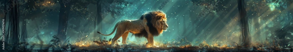 Obraz premium Lone Wild Lion in an Abstract, Dramatic Night Forest Scene: A 3D Rendered Isolation Illustration on a Theatrical Backdrop.