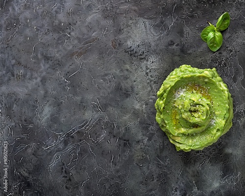 Top view of mashed avocado with ample space on the left side for accommodating text photo