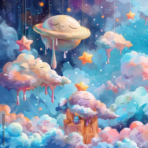 A surreal and whimsical dreamscape painting featuring a sleeping planet surrounded by fluffy clouds and twinkling stars photo