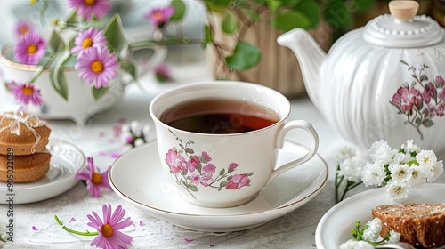 Close-up of a teacup filled with tea. Perfect for showcasing a cozy and relaxing atmosphere.