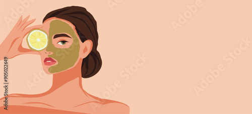 Facial cleansing, toning and cream application. A beautiful woman takes care of her facial skin. Clay green mask. Ideal skin results. Vector flat illustration for text, advertising, website, banner