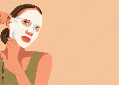 Facial cleansing, toning and cream application. A beautiful woman takes care of her facial skin. Fabric mask. Ideal skin results. Vector flat illustration for text, advertising, website, banner