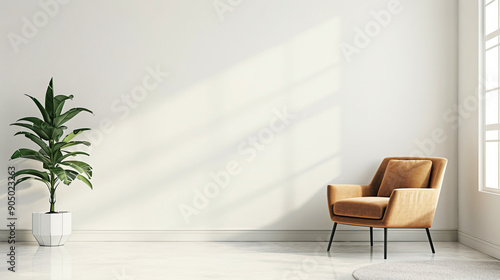 Modern and minimalist interior design featuring an armchair and plant with sunlight casting shadows on a white wall