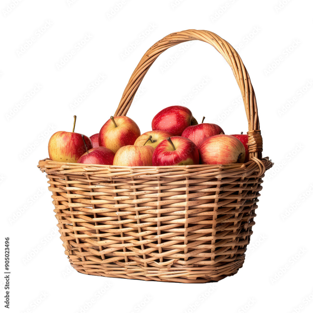 Wicker basket overflowing with freshly picked, ripe, red apples isolated on a white background Wicker basket overflowing with freshly picked, ripe, red apples isolated on a white background