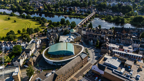 Drone image of Perth Concert Hall and the River Tay in Perth, Scotland. 