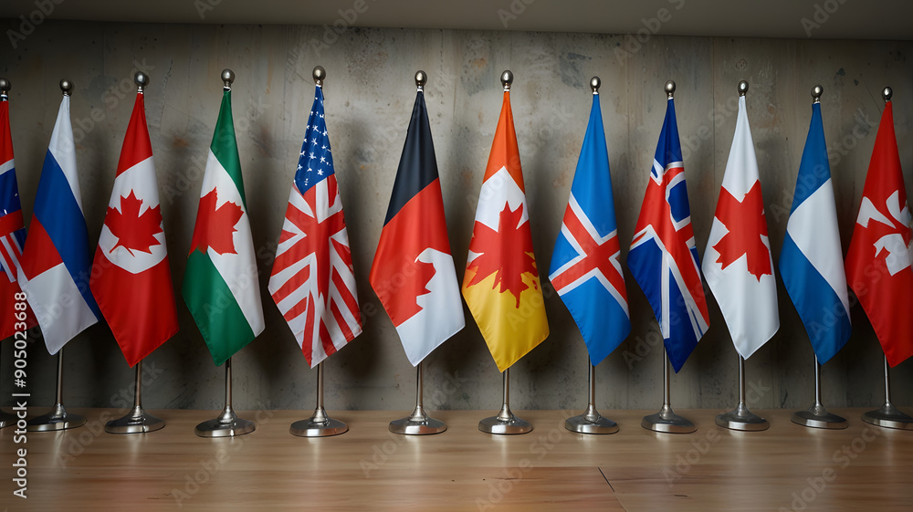 G7 summit. flags of members of G7 group of seven and list of countries ...