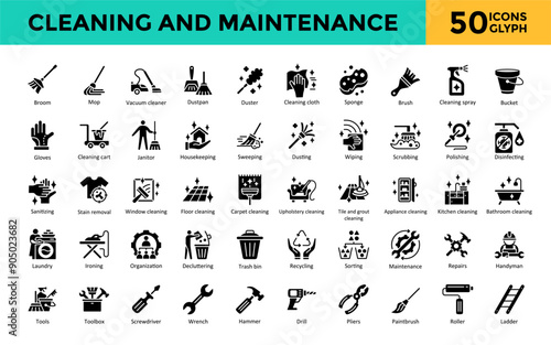 Cleaning and Maintenance icon set with broom, mop, vacuum cleaner, dustpan, duster, cleaning cloth, sponge, brush, cleaning spray, bucket icon. Simple glyph vector 
