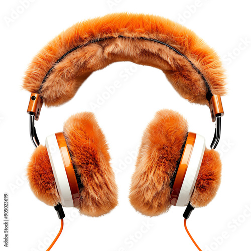 Stylish orange fur-covered headphones perfect for winter, blending fashion and function for a cozy audio experience. Isolated on white background. photo