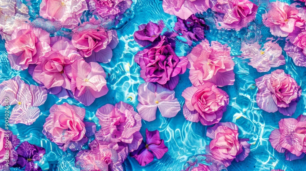 Beautiful roses floating on the water on a blue background. Top view, flat lay. Beautiful roses floating on the water on a blue background. Top view, flat lay.