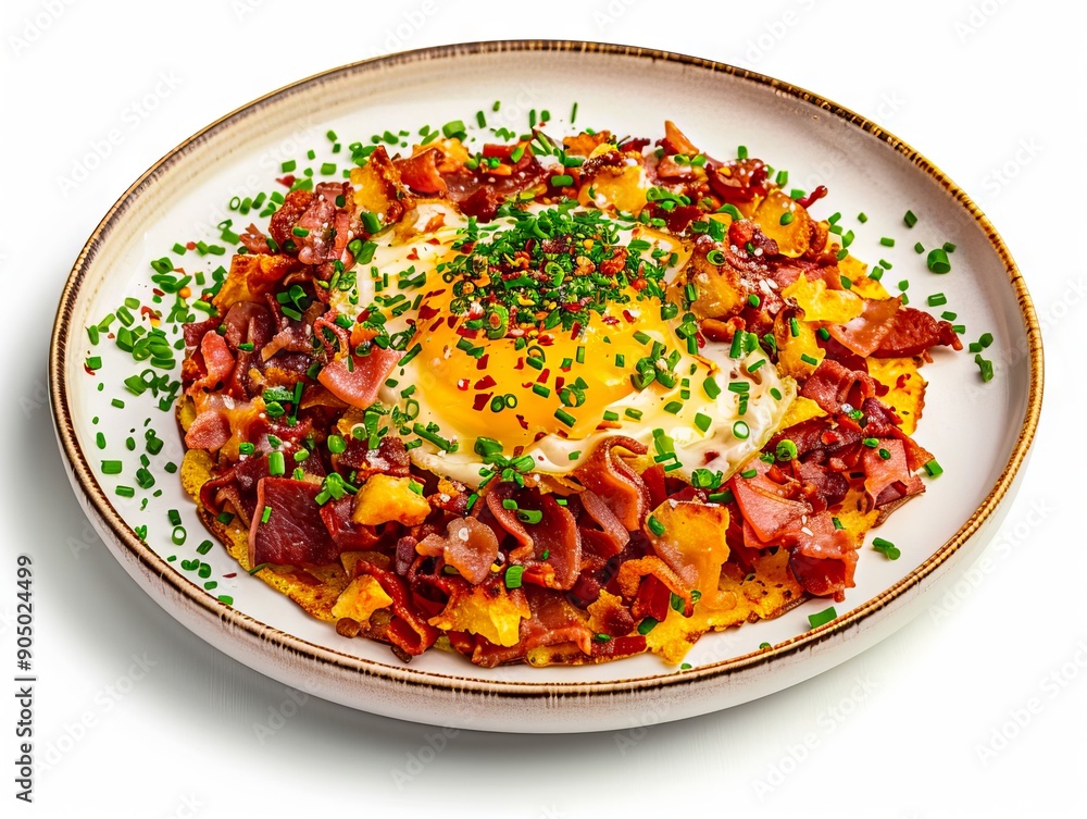 A plate of food with a fried egg on top of it A plate of food with a fried egg on top of it