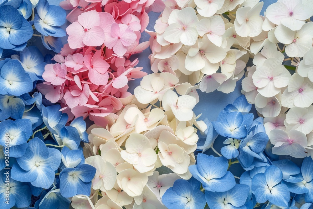Obraz premium Hydrangea flowers flat lay in blue, white, and pink with copy space on hortensia background