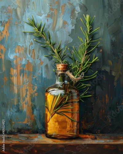 Still life of a rosemary plant in a bottle of olive oil