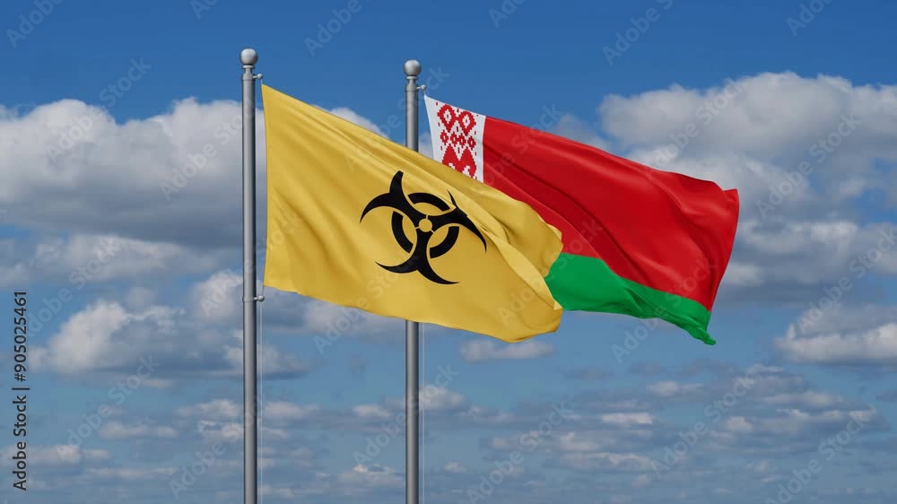 Belarus and Biological hazard flags flying together, video concept of the relationship, two country cooperation concept Belarus and Biological hazard flags flying together, video concept of the relationship, two country cooperation concept