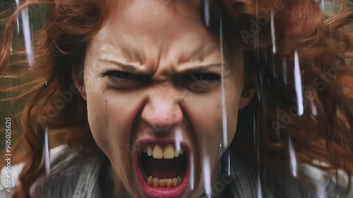 Emotional Woman Screaming in the Rain