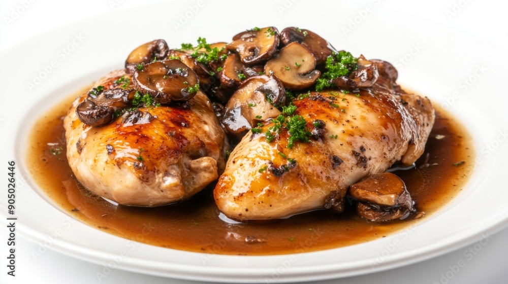 A plate of roasted chicken breast topped with truffle mushrooms and a rich gravy, on a white background. A plate of roasted chicken breast topped with truffle mushrooms and a rich gravy, on a white background.