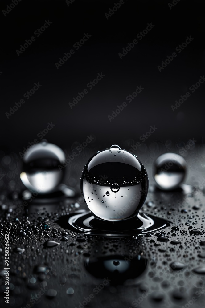 A black glass surface with water drops on it, the drops are large and reflect the surrounding space A black glass surface with water drops on it, the drops are large and reflect the surrounding space