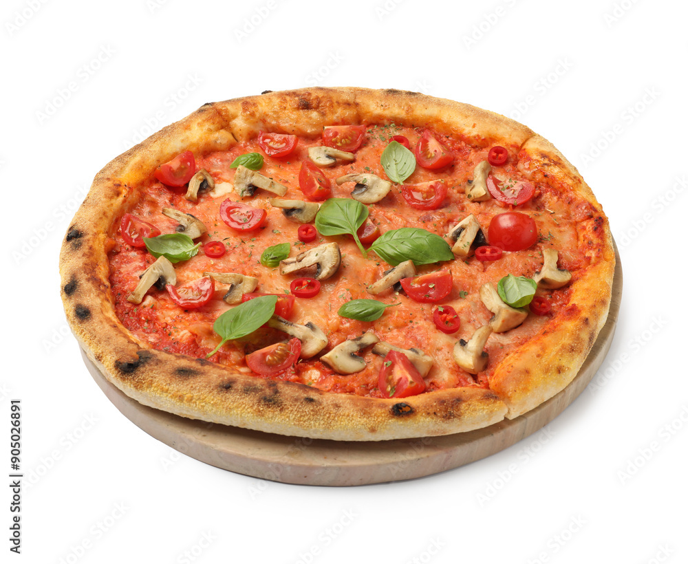 Delicious pizza with tomatoes, mushrooms and basil isolated on white Delicious pizza with tomatoes, mushrooms and basil isolated on white