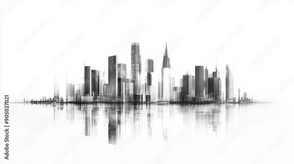 skyline with reflection, abstract city skyline, modern city landscape, black and white skyline with reflection, abstract city skyline, modern city landscape, black and white