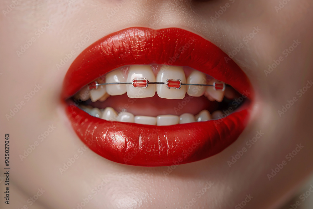 Fototapeta premium AI generated close up photo of aesthetic bright white smile red lips