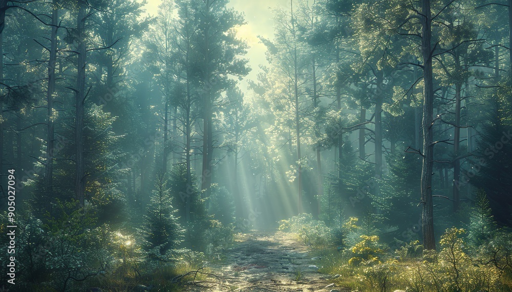 Fototapeta premium Retro Aesthetic Misty Landscape with Fir