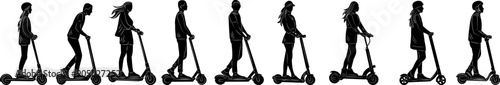 people riding scooters silhouette, on white background vector