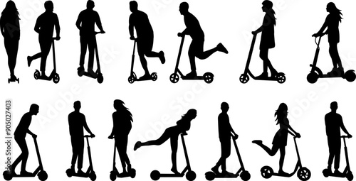 set of people riding scooters silhouette, on white background vector
