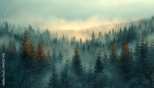 Retro Aesthetic Misty Landscape with Fir