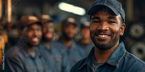 Group of diverse mechanics, celebrating the completion of a challenging project, diversity in the auto shop. © Лилия Захарчук