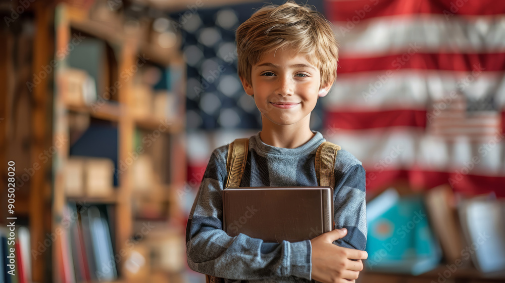 Portrait of a cheerful schoolboy holding books, standing in front of the American flag Portrait of a cheerful schoolboy holding books, standing in front of the American flag